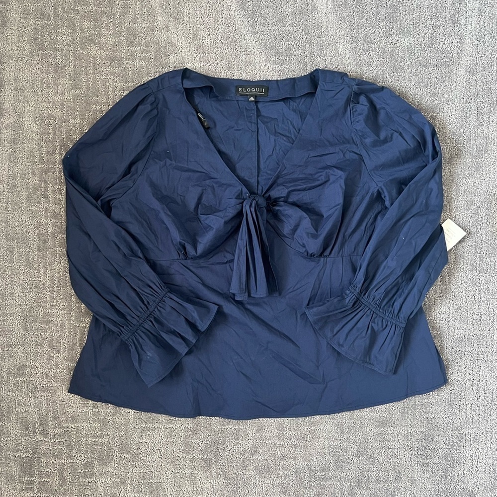Eloquii Navy V-Neck Ruffle Long Sleeve Blouse
